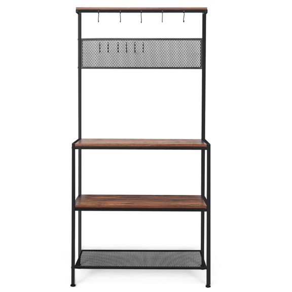 Spaco 4-Tier Kitchen Rack Stand with Hooks and Mesh Panel, Bakers Rack Kitchen Storage Shelf, Kitchen Stand, Brown