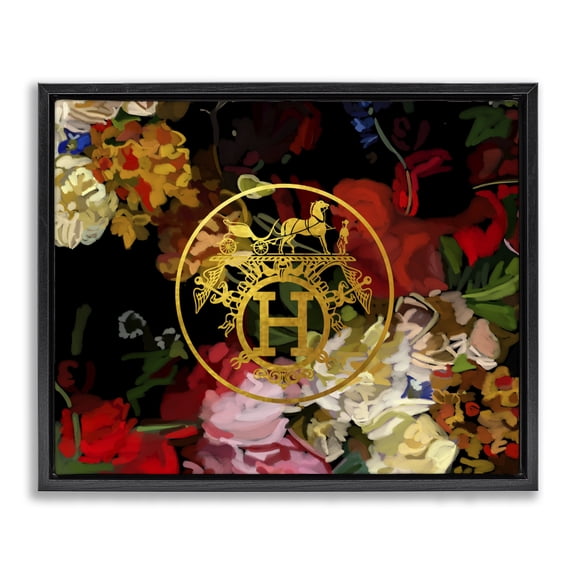 Stupell Industries Traditional Glam Emblem Flowers Black Floating Frame Canvas Art, 21 x 17, by Amelia Noyes