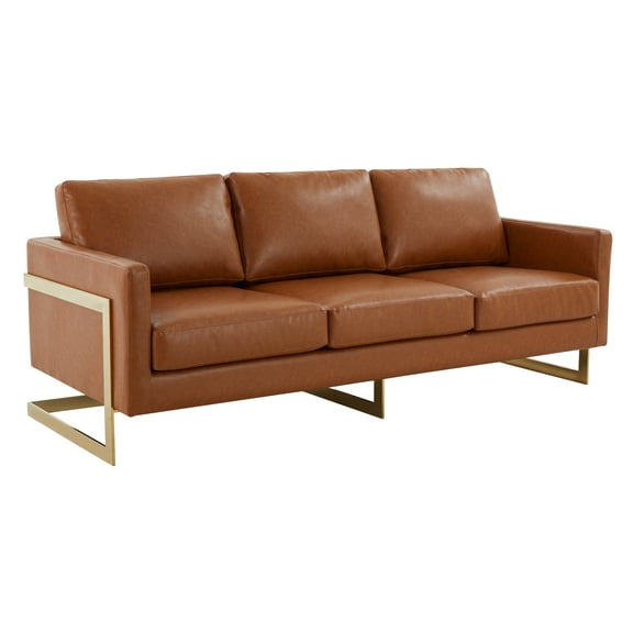 HomeStock Artisanal Artistry Modern Mid-Century Upholstered Leather Sofa with Gold Frame