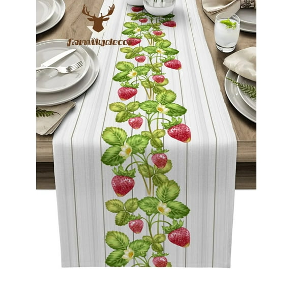 Plant Fruit Strawberry Wood Grain Table Runner Home Wedding Table Flag Mat Centerpieces Decoration Party Dining Long Tablecloth