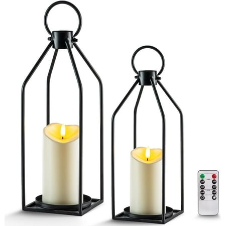 Modern Christmas Farmhouse Lantern Decor with Waterproof Flameless Candle & Remote Timer, 2PCS Black Metal Candle Lantern Decorative for Outdoor Indoor Home Living Room Patio Porch Table