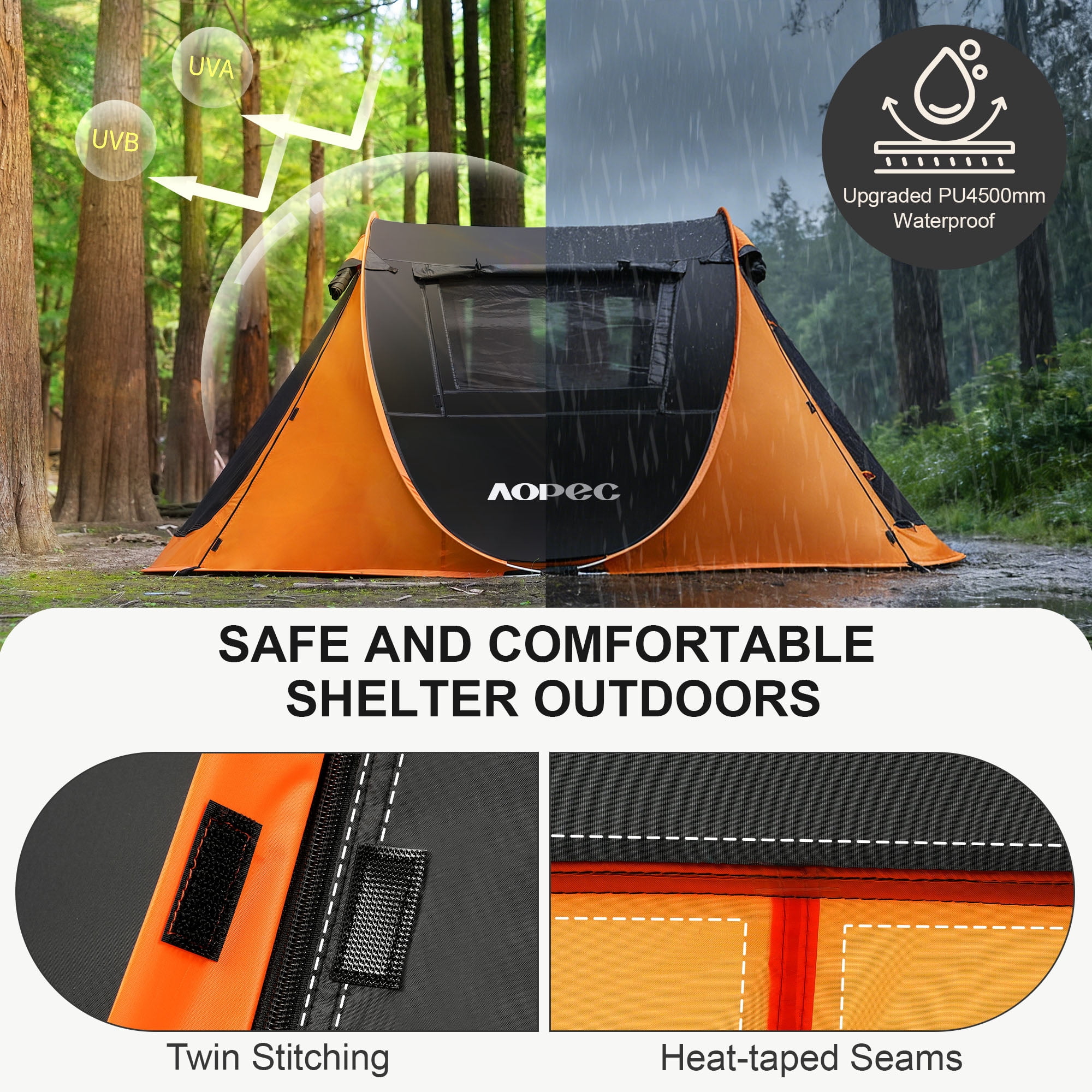 AOPEC Pop Up Camping Tent, 2/4/6 Person Instant Tent Waterproof PU4500mm, Spacious Ventilated Camping Tent with Front Porch, Quick Setup Lightweight Portable for Outdoor Camping Hiking Beach