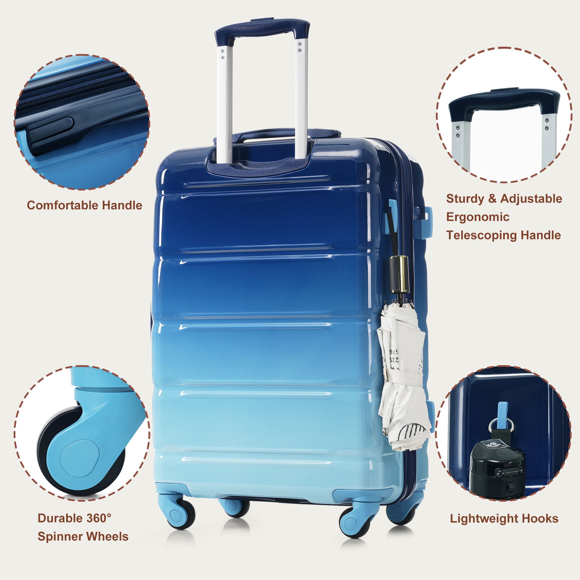 Euroco 3 Piece Luggage Sets, 20" Carry-on Suitcase with USB Port and Cup Holder,Hardside Lightweight Suitcase Set with TSA Lock and Spinner Wheels(20"/24"/28"),Blue