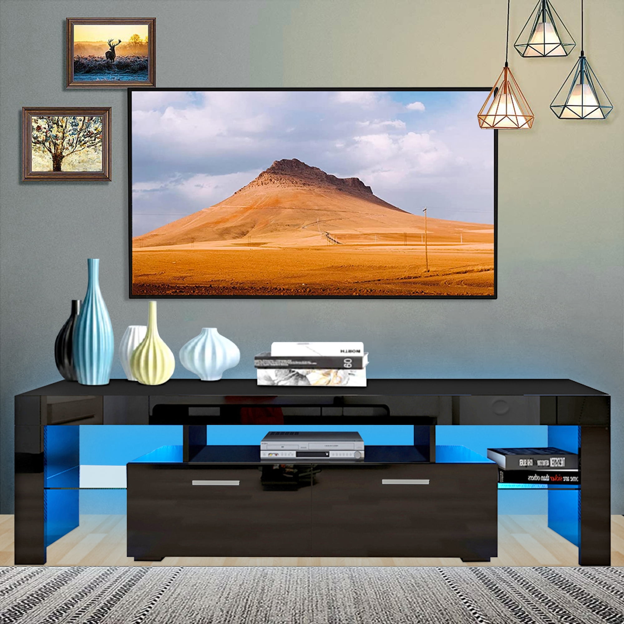 63" Glossy TV Stand with LED Light Wood Media Storage Console Cabinet for 70" TV 