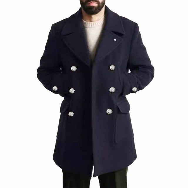 Men's Trench Coat - Classic Solid Color Long Sleeve Overcoat, Button Closure Polyester Outerwear with Pockets for Fall Winter Casual Daily Wear Without Hood