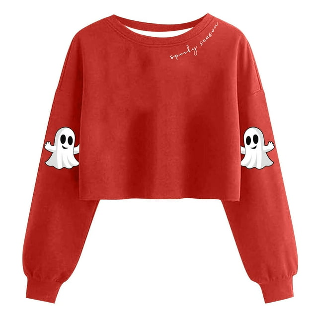 Lcziwo Chandail Court pour Femmes Halloween, Saison Effrayante, Graphique de Fantôme, Chandail à Manches Longues Lanterne, Col Rond, Chandail Molletonné Décontracté, Tenues Mode Automne 2025, Rouge, P