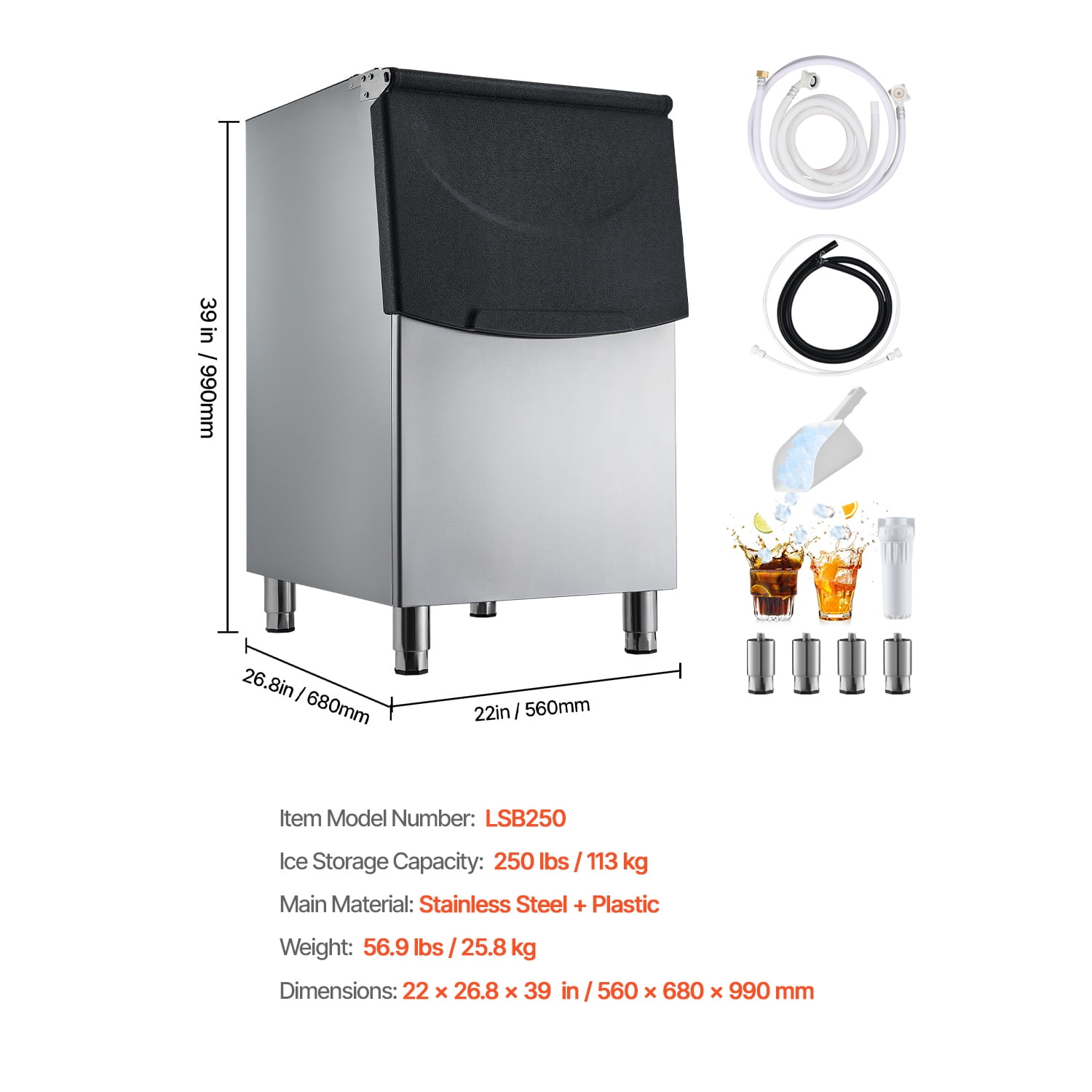 KFFKFF Commercial Ice Storage Bin, 250 lbs Capacity, Stainless Steel Ice Bin with Adjustable Non-slip Rubber Feet, Ideal for Restaurants, Hotels, and Beverage Shops