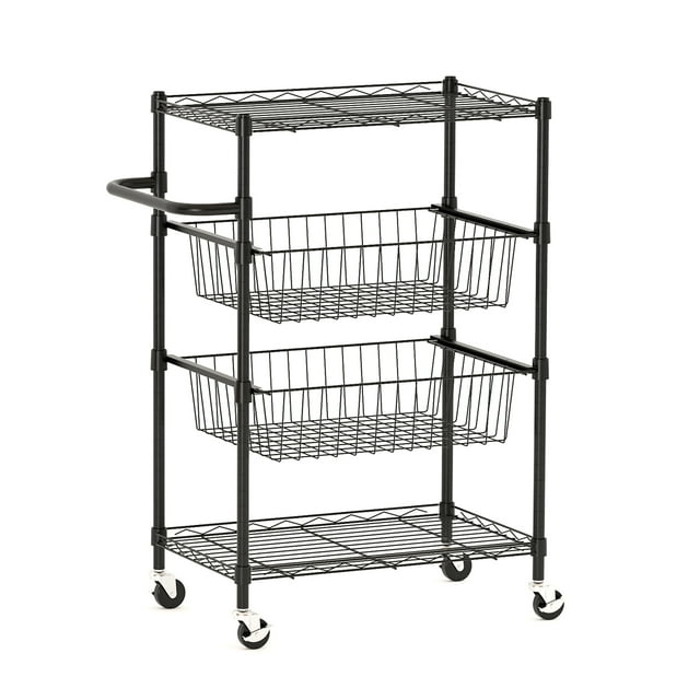 4-Tier Heavy-Duty Metal Kitchen Storage Cart – Removable Wire Baskets, Handlebar, Locking Wheels, 110 lbs Capacity, Rolling Utility Organizer for Kitchen, Garage, Office, or Laundry, Black