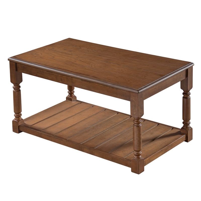 Vintage Rectangular Center Coffee Table with Sculptural Spindle Solid Wood Legs, 2-Tier Traditional Wooden Cocktail End Table
