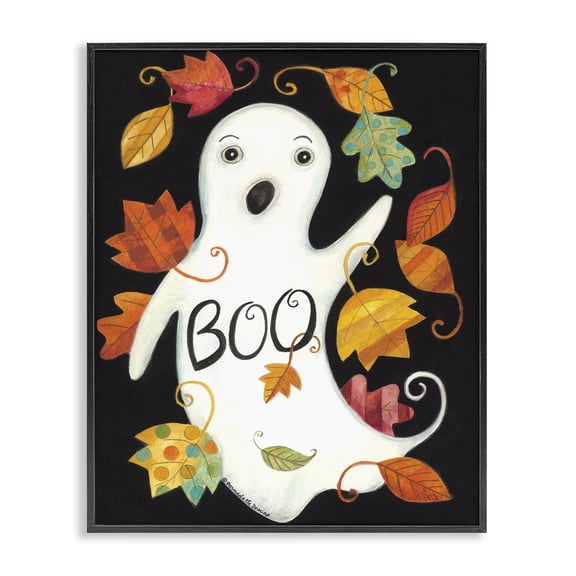 Stupell Industries Traditional Vintage Boo Ghost Patterned Leaves Black Framed Giclee Art, 16 x 20, by Bernadette Deming
