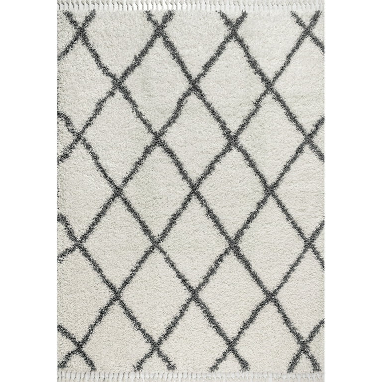 JONATHAN Y Mercer Shag Plush Area Rug - 8x10 Gray/Ivory Moroccan Trellis Pattern, Pet Friendly & Non-Shedding
