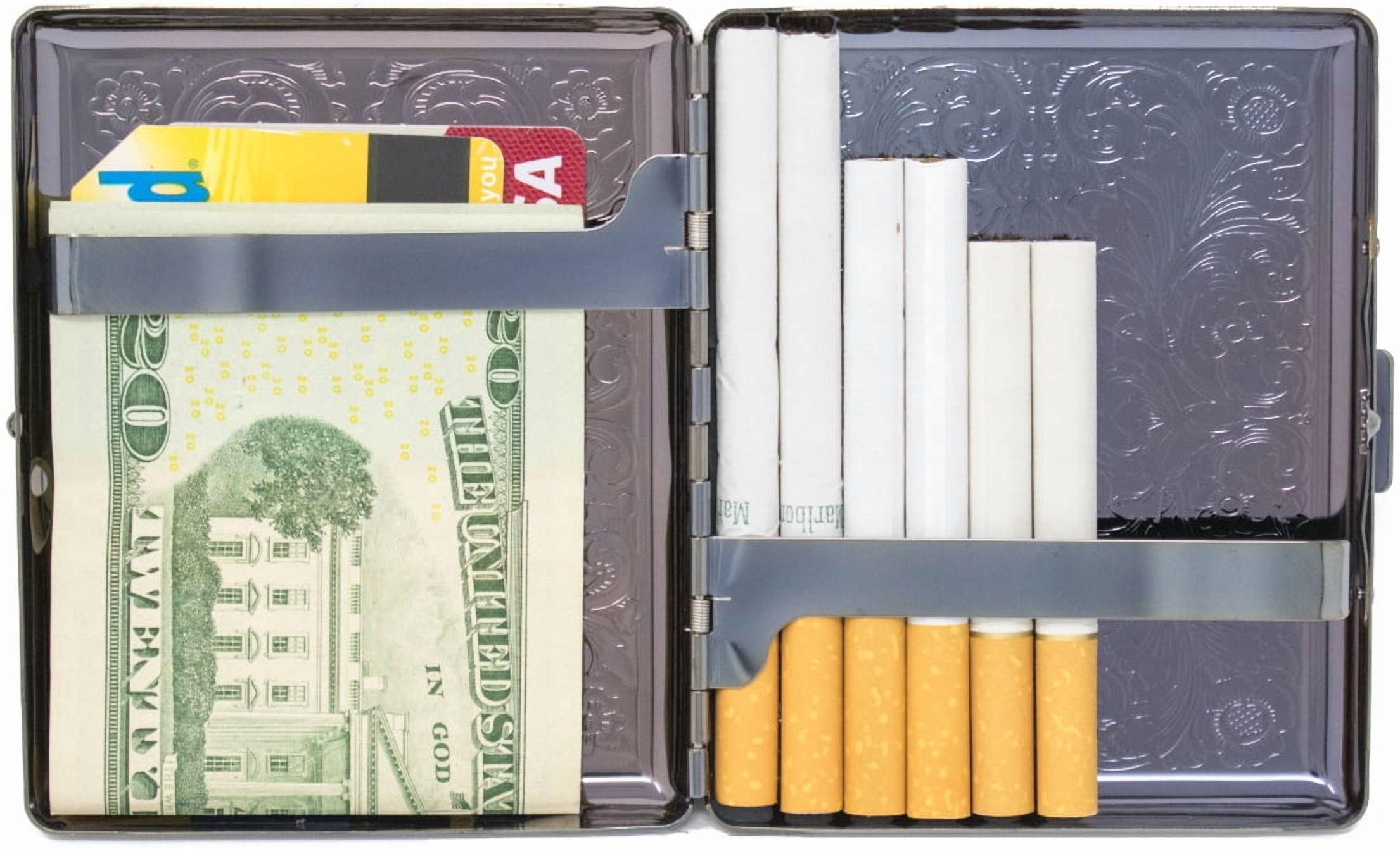 Set of 2 Metal-Plated 100s Cigarette Case & Stash Box (Black Victorian Scroll)