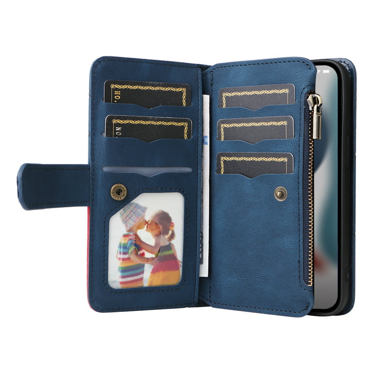 Zipper Wallet Case for iPhone 14 Plus Large Capacity Card Slots Holder  Magnetic Clasp Cover, Luxury PU Leather Anti-Shock Flip Folio Case with  Kickstand Wrist Strap Handbag Protective Case,Blue 