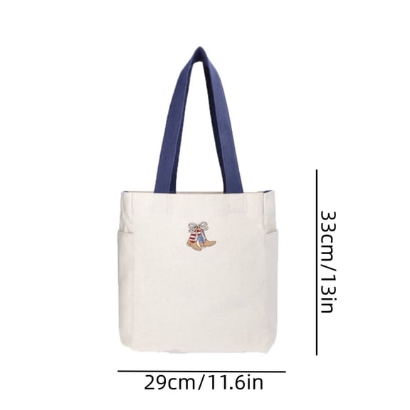 Canvas Tote Bag with Embroidered Boots and Bow, Lightweight Multiple Pockets Shoulder Handbag for Daily Travel