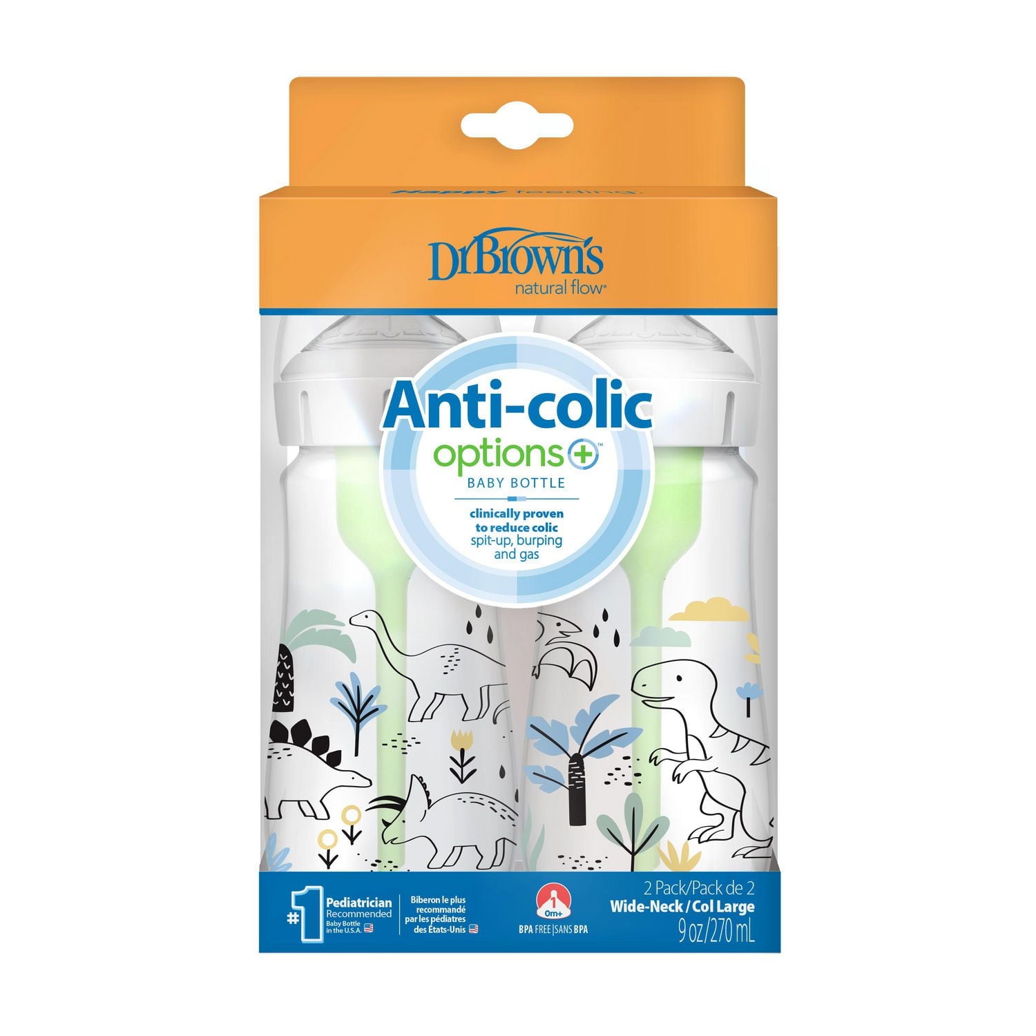Dr. Brown's Biberons à Débit Naturel Anti-Coliques + Biberons à Col Grand, Édition Spéciale Dino Decos, Lot de 2 Biberons de 270 ml, Tétine Niveau 1