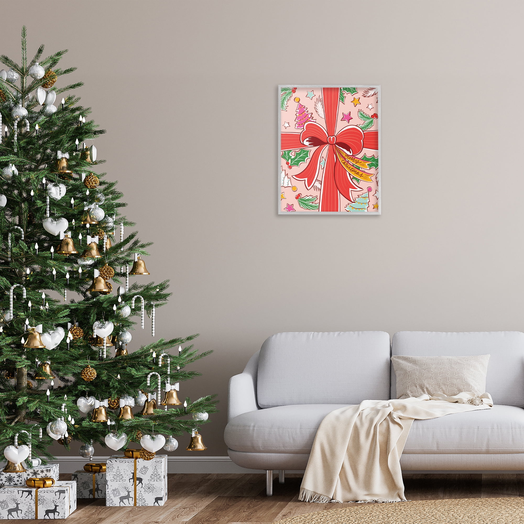 Stupell Industries Christmas Bow and Trees Holiday Painting Gray Framed Art Prints Wall Art, 24 x 30