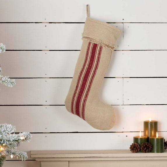 Antique Creme Red White Farmhouse Christmas Decor Vintage Burlap Stripe Fabric Loop Cotton Stenciled Rope Cotton Burlap Striped Stocking