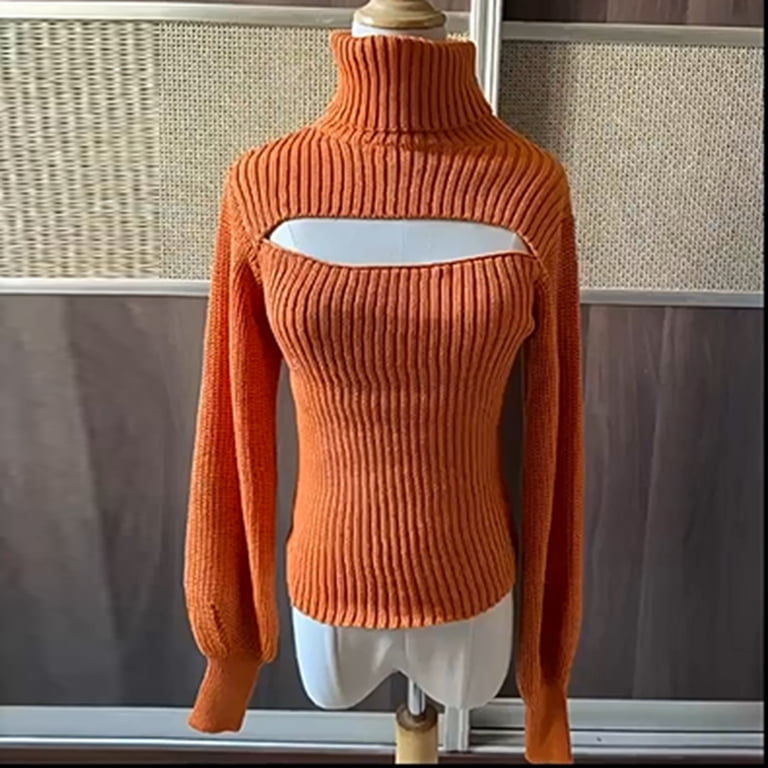 FEIYOUNG Women's Chunky Cold Shoulder Sweater - Loose Fit, Cross Back, Orange Pullover