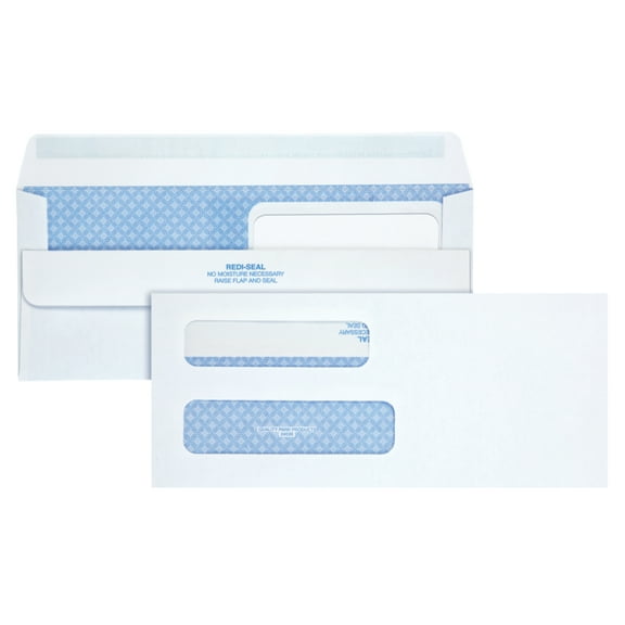 Quality Park® #8-5/8 Double Window Envelopes, Security Tint Envelopes, Redi-Seal® Self Seal, 3-5/8 x 8-5/8, 24 lb White Paper, Side Seams, 500 per Box