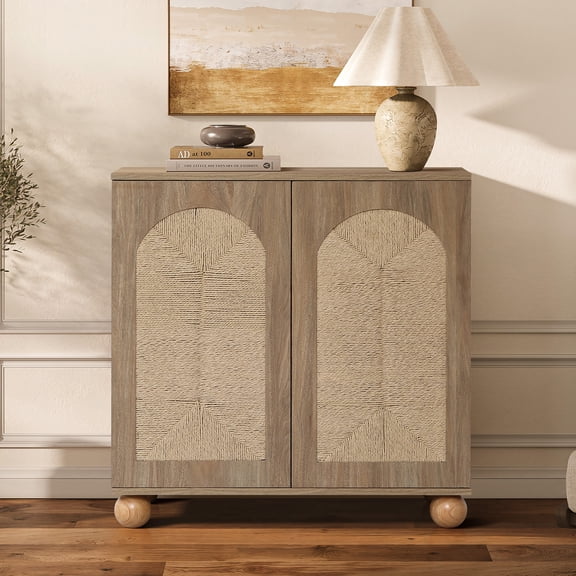 LuxenHome 2-Door Natural Oak Finish Manufactured Wood Cabinet, Pine Round Ball Legs