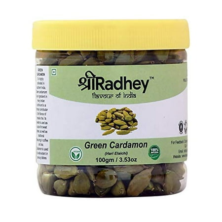 Shree Radhey Green Cardamom Pods Spice (Hari Elachi) 3.53Oz (100 Gm) All Natural | Vegan | Indian Origin | Pet Jar
