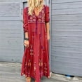 thumbnail image 2 of JIRNDf Robes d'Été Femmes Tendance 2025 Décontractée Soirée Col en V Imprimé Manches Longues Grande Taille Dentelle Maxi Up Robes d'Été pour Femmes Robe Boho Rouge P, 2 of 7