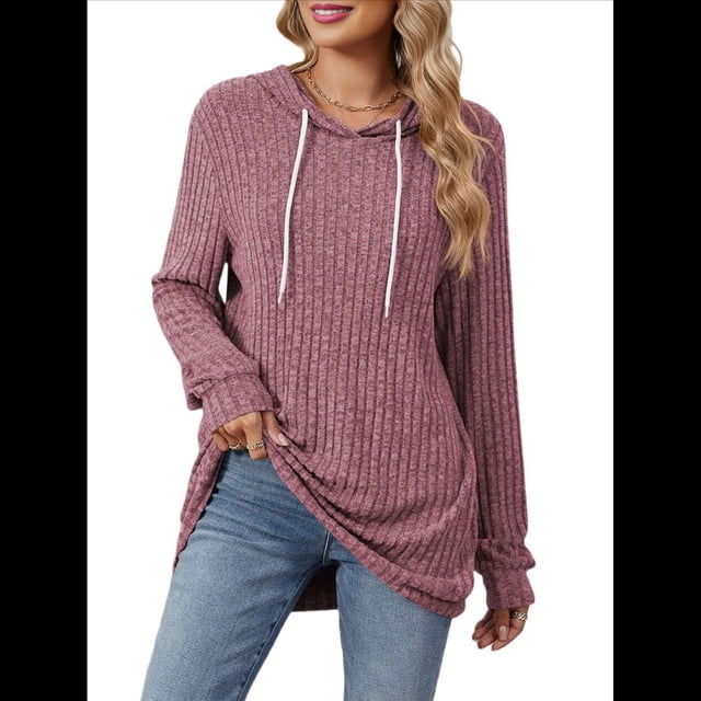 Sudadera con Capucha de Punto Acanalado Suave para Mujer, Camisetas de Larga, Blusas Ligeras y Acogedoras para Otoño. Rojo M