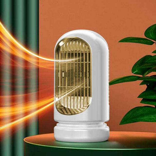 Heater 800/1200W with 2 heating settings, intelligent power-off noise reduction processing, and 45° wide-angle heat dissipation. This portable space heater, made of fireproof plastic and electronic ceramics, is compact and lightweight, displayed on a table in a warm indoor setting with orange and green accents. Suitable for offices, bedrooms, and families.