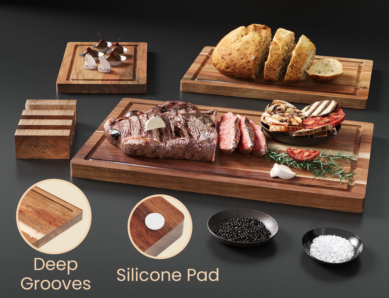 Fibogollo Acacia Wood Cutting Boards for Kitchen(Set of 3),Wooden Chopping Boards Set with Juice Groove,Chopping Board with Holder,Butcher Block for Meat,Vegetables,Fruit