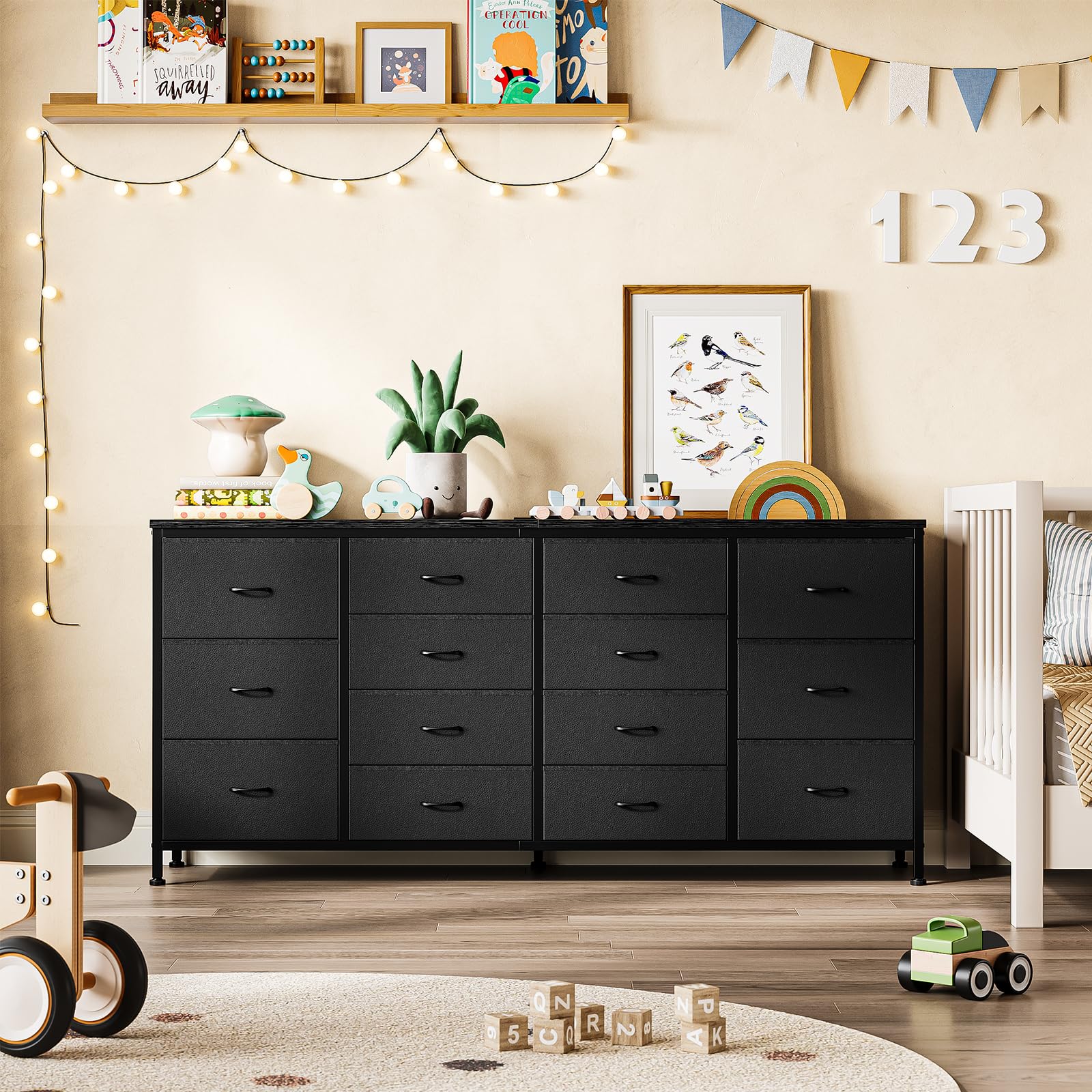 Dresser TV Stand with Charging Station for 65 70 75 Inch TV Stand for Bedroom with 14 Drawers Long Dresser for Bedroom Entertainment Center with Storage Fabric Dresser for Living Room