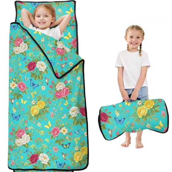 Pioneer Flower Floral Print Pattern Toddler Nap Mat for Teens Preschool Daycare, Teens Sleeping Mat Bag, Toddler Sleeping Bag with Pillow