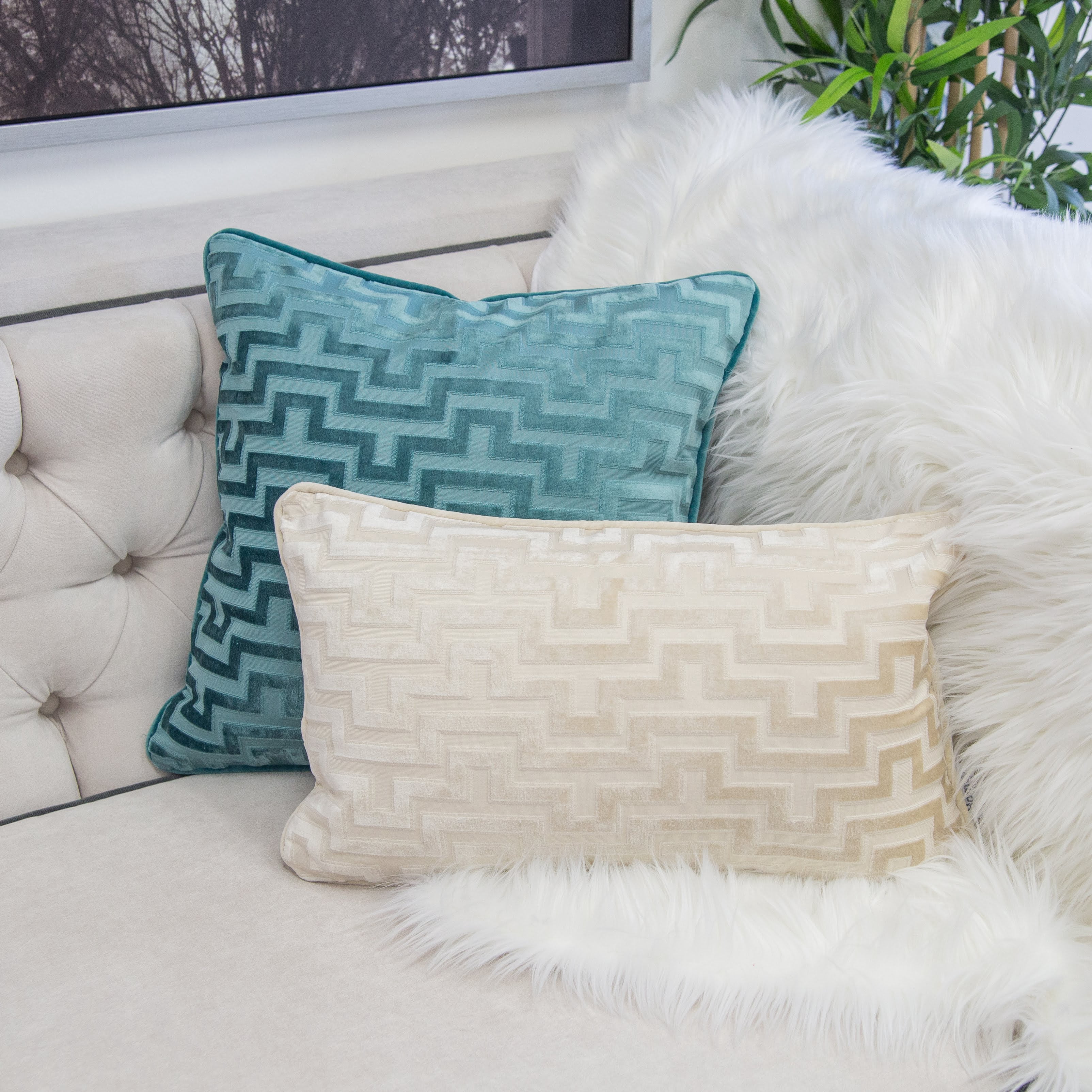 Kean Ivory Geometric Polyester 12 in. x 20 in. Throw Pillow