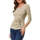 thumbnail image 4 of Blusa de mujer con fruncidos Inspire Chic, decoración de botones, cuello en V, manga 3/4, top de punto sólido, XS color caqui claro, 4 of 8