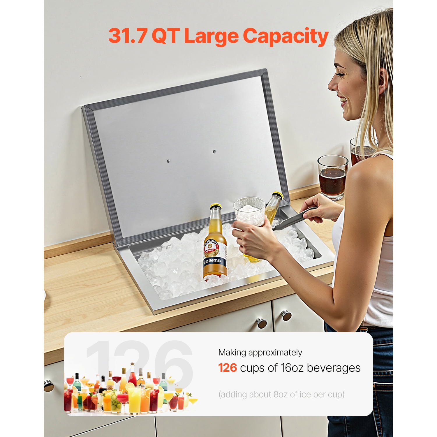 KFFKFF Stainless Steel Drop-In Ice Chest, 20"L x 14"W x 12"H, 31.7 Quart Cooler with Lid for Outdoor Kitchen or Bar, Includes Drain Pipe for Chilling Beverages