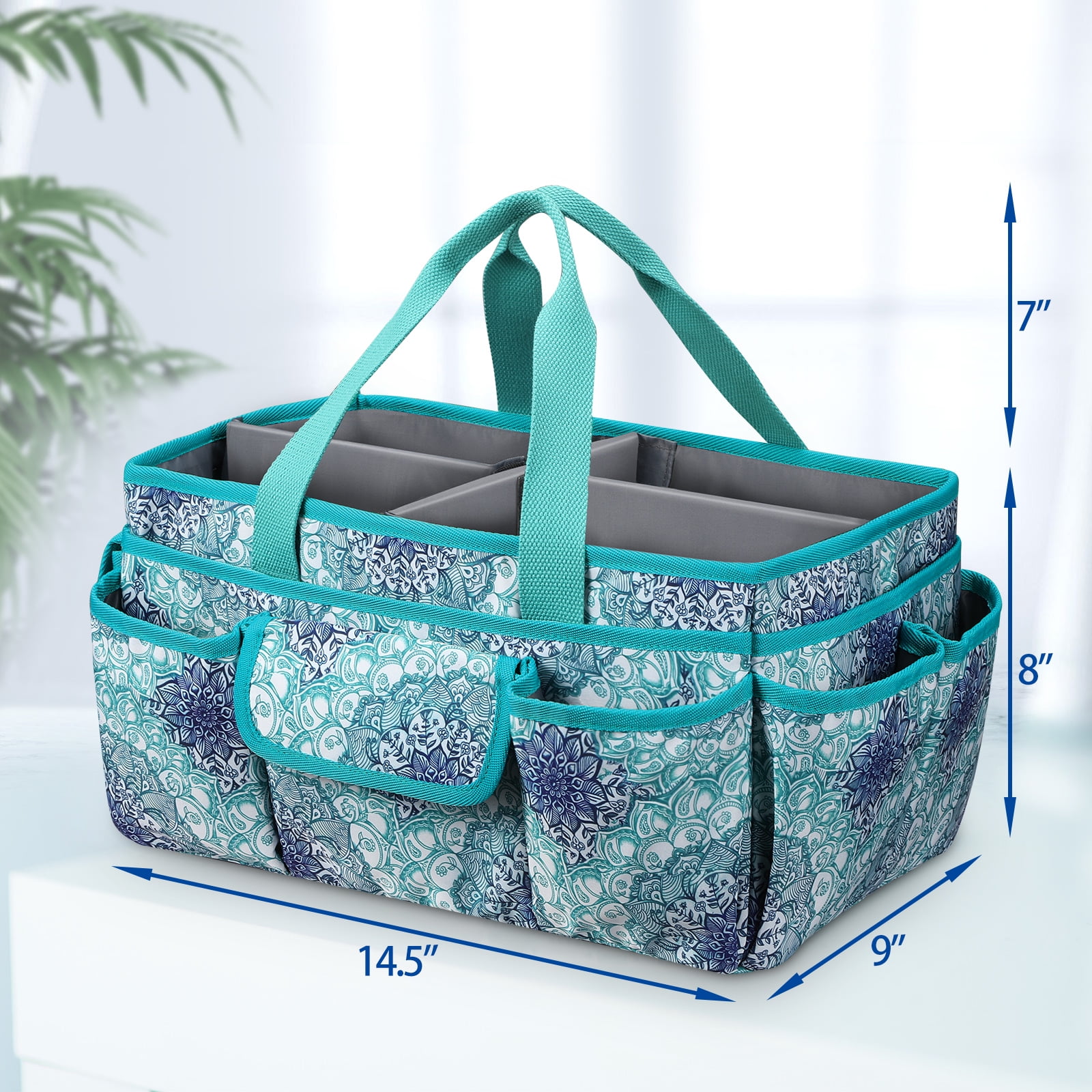 FINPAC Large Craft Storage Tote Bag with Multiple Pockets, Scrapbooking Carrying Case Storage Caddy with Handle for Sewing, Art, Desktop, Baby Care Supplies, Emerald Illusions