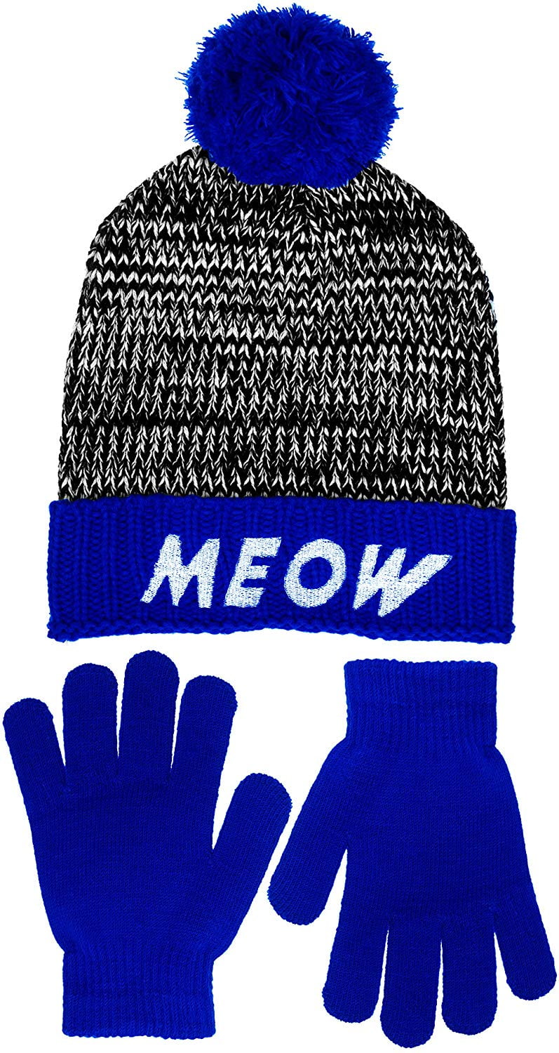 S.W.A.T Meow Girls Knit Cuffed Beanie with Over Sized Pom & Gloves Set Kidswear