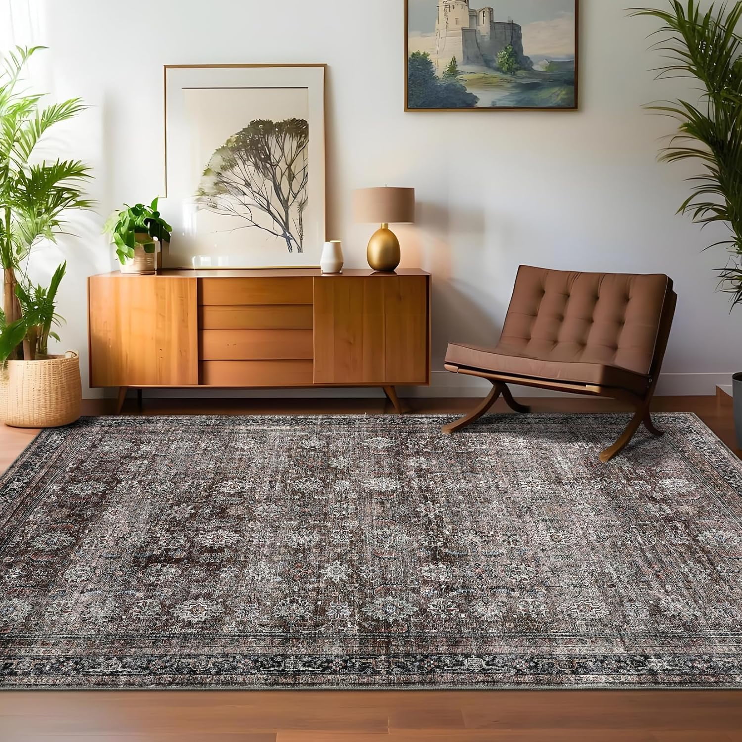 Living Room Rugs 10x13 Large Vintage Printed Area Rugs with Non-Slip Backing, Stain-Resistant Oriental Accent Rugs, Washable Farmhouse Low Pile Rugs for Bedroom, Office, Brown