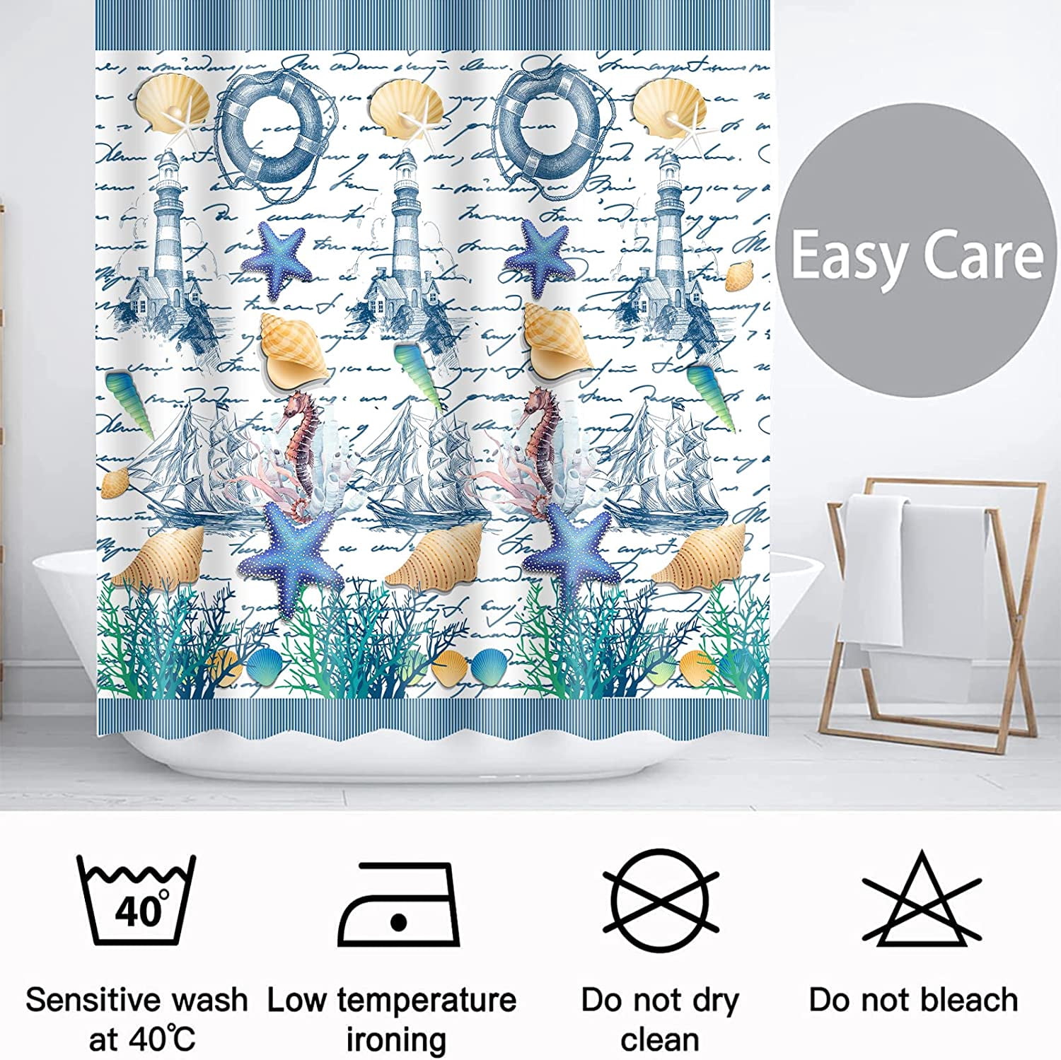 Rustic Nautical Shower Curtain,Lighthouse Sailing Beach Bathroom Shower Curtains,Navy Blue Coastal Bath Curtains Sets with 12 Hooks 72x72in,Waterproof Fabric