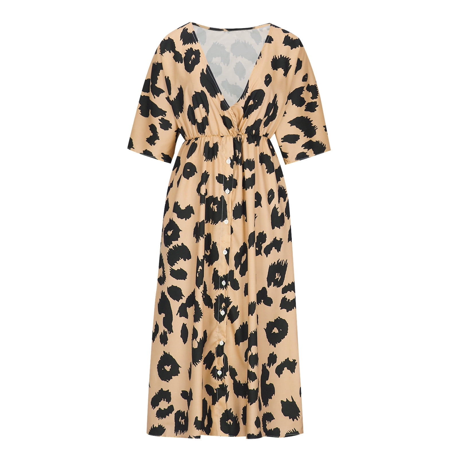 knee length dresses for ladies Gray Leopard Print V Neck Loose Fit Long Sleeve Midi Dress main image 1
