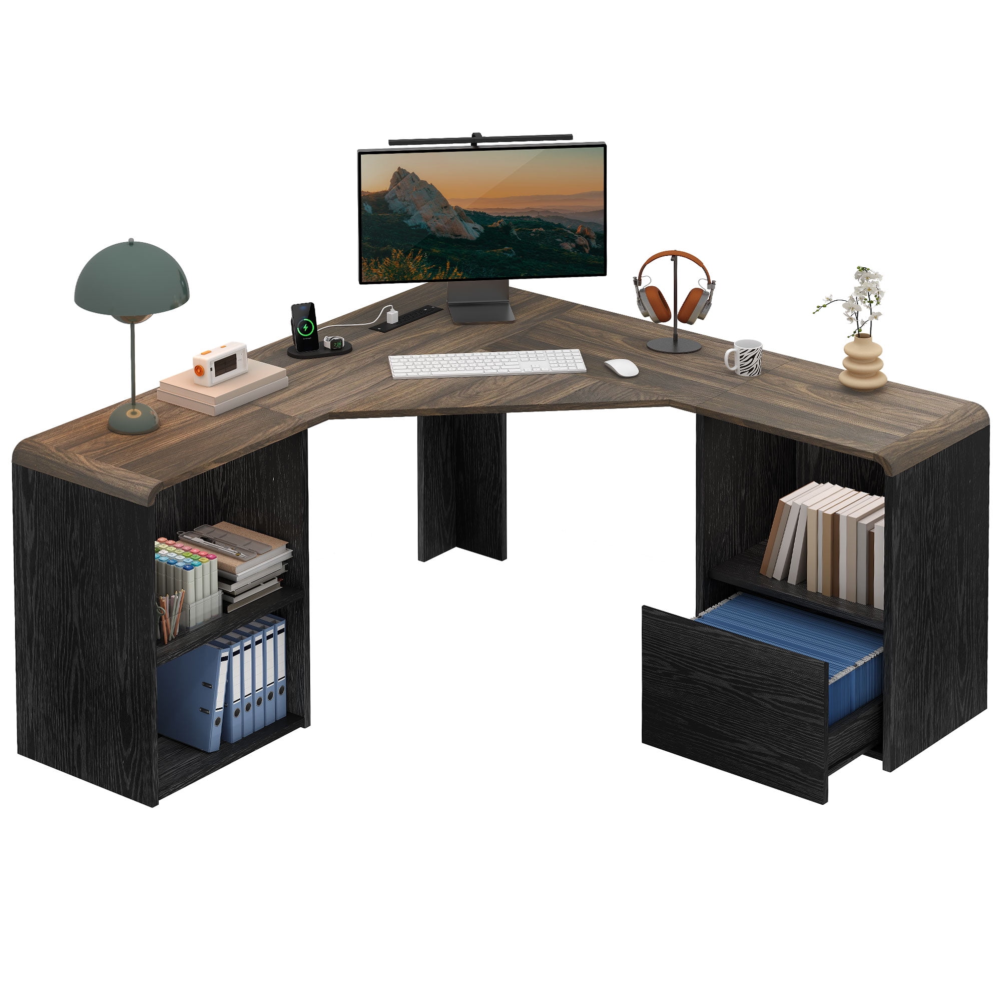 Bestier L Shaped Desk With Drawers, 55.7" X 55" Office Computer Desk With Round Corners, Monitor