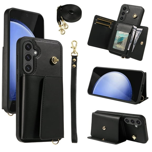 Allytechgroup Wallet Phone Case for Samsung Galaxy S24 FE, Built-in Shoulder Strap Lanyard Stand RFID Blocking Shockproof Protective Back Cover for Samsung Galaxy S24 FE, Black