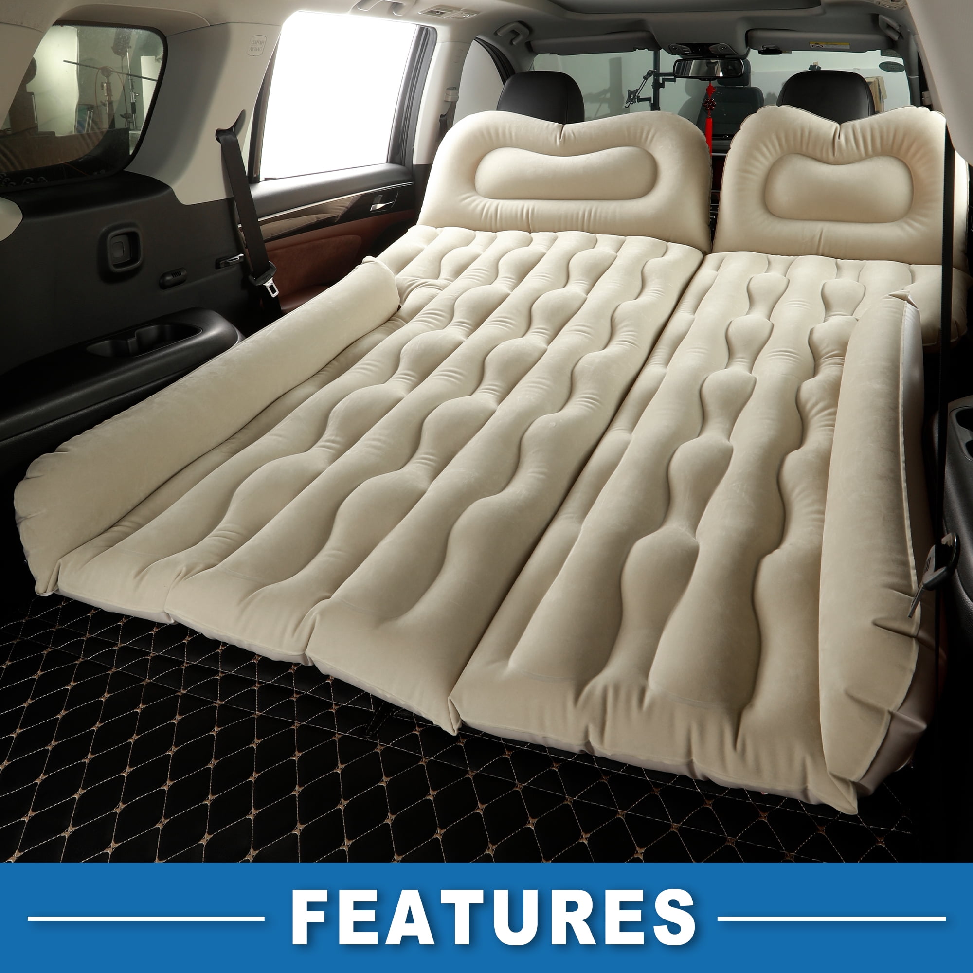 Unique Bargains 1 Set Car Air Mattress Camping Bed Air Bed Mat Sleeping Mat with Air Pump for Car Travel Camping Beige