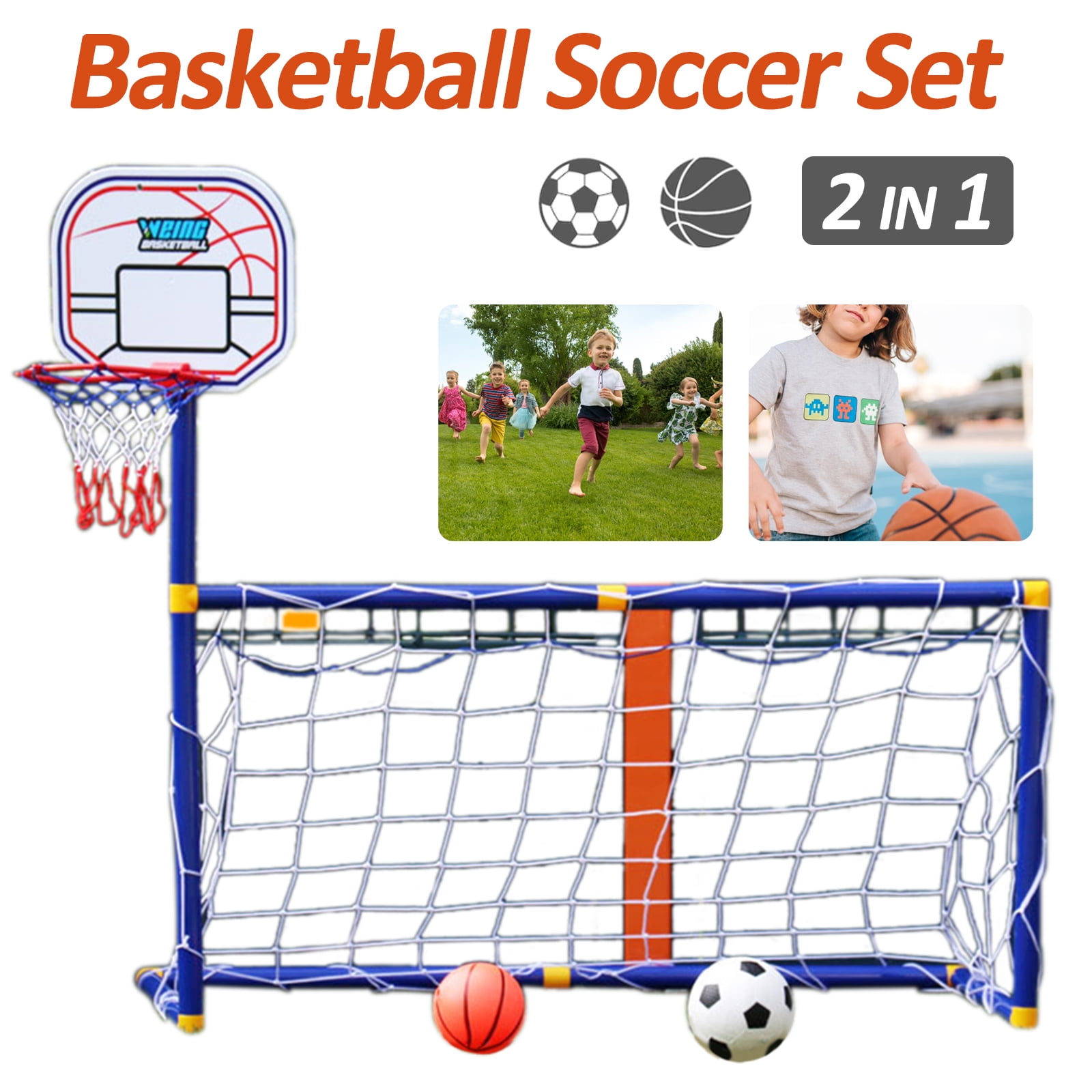 2 in 1 Sports Center, Kids Basketball Hoop Soccer Goal Set Indoor