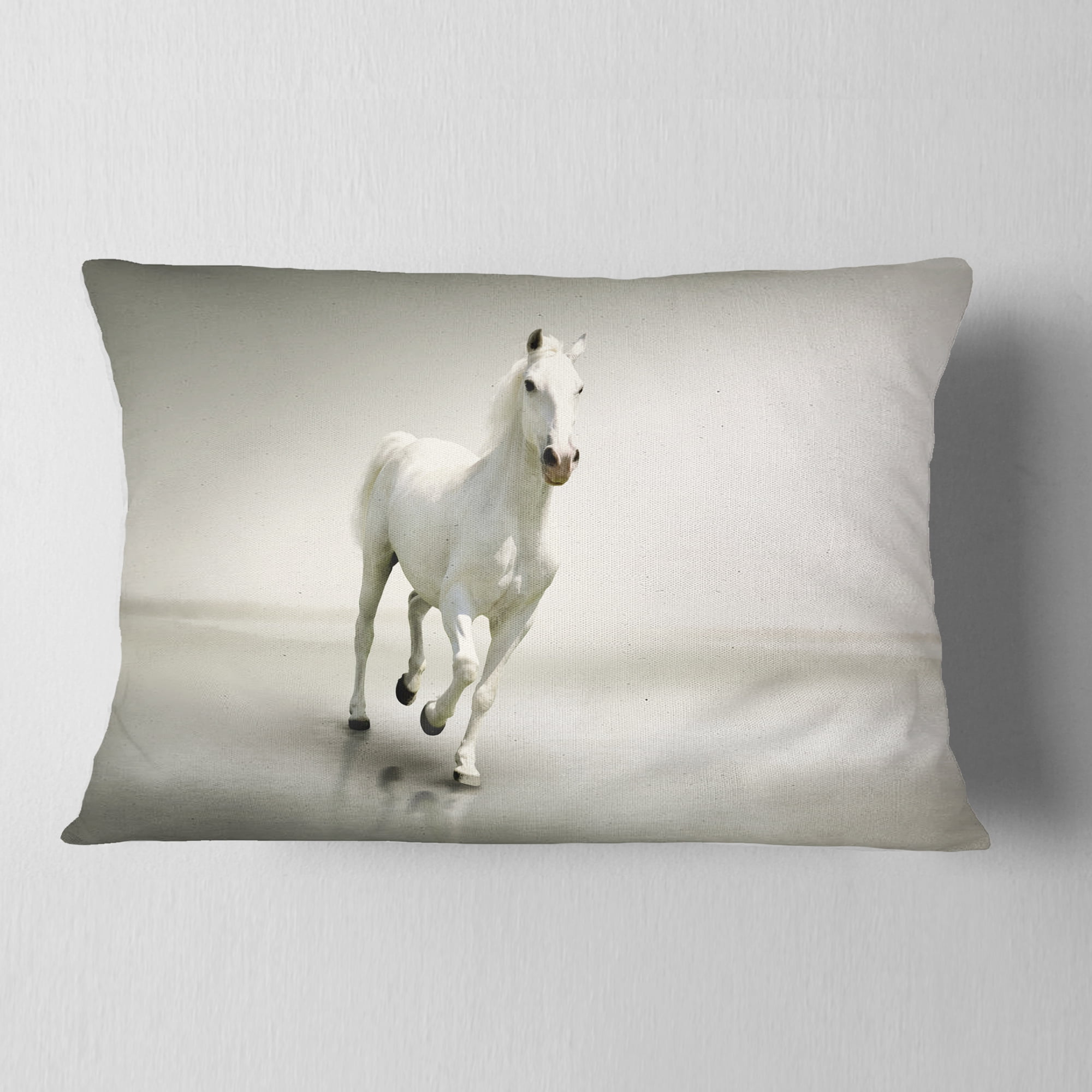 Designart Beautiful White Horse Running - Animal Throw Pillow - 12x20