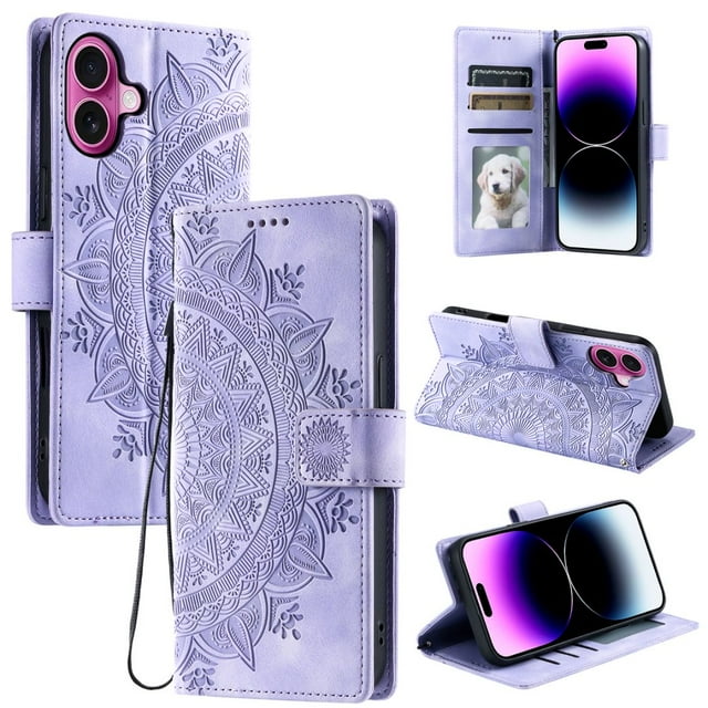 Étui à Rabat pour iPhone 16 Plus, Portefeuille en Cuir PU Premium avec Fleurs en Relief Totem, Couverture Folio avec Porte-Cartes et Support Compatible avec iPhone 16 Plus - Violet Clair
