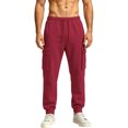 thumbnail image 2 of Men's Casual Solid Color Cargo Pants, Loose Fit Elastic Drawstring Waist Athletic Workout Trousers with Multi Side Flap Pockets Wine L, 2 of 6