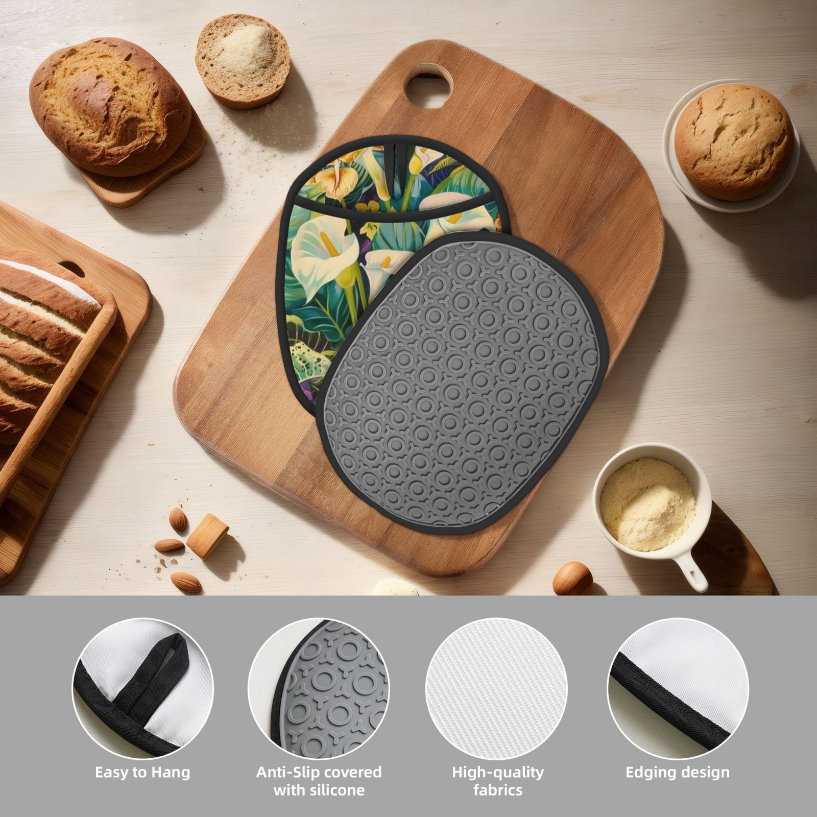 Naloa Tropical Floral Jungle Silicone Pot Holders, Oven Mitts Heat Resistant Hot Pads, Non Slip Pot Holder for Kitchen Baking and Cooking 9.4 x 7.5 Inches