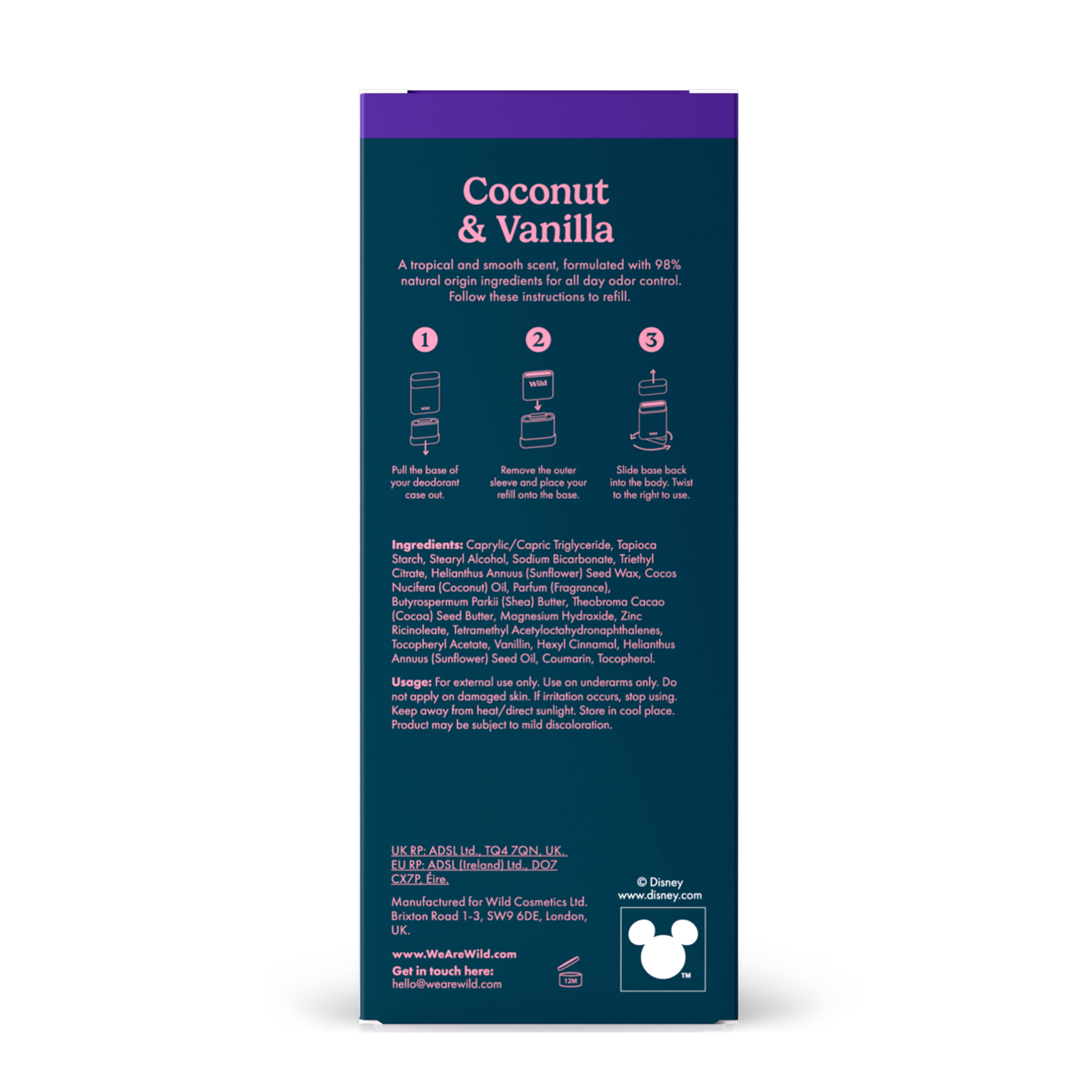 Wild Refillable Deodorant Starter Pack - Aluminum Free. Stitch Case + Coconut & Vanilla Refill, for Women and Men, 1.4oz