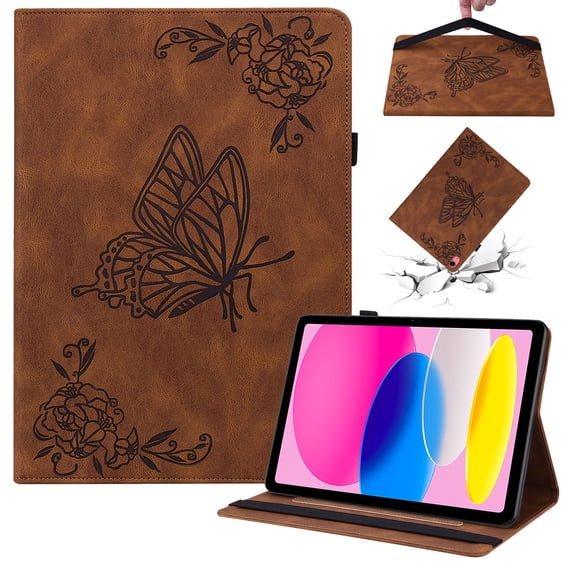 SaniMore for iPad 10th Generation 10.9" 2022 Wallet Case with Card Slots Anti-slip Strip Pen Holder Auto Wake/Sleep Stand Embossed Butterfly Hand Rope for Grils Women Case for iPad 10th Gen, Brown