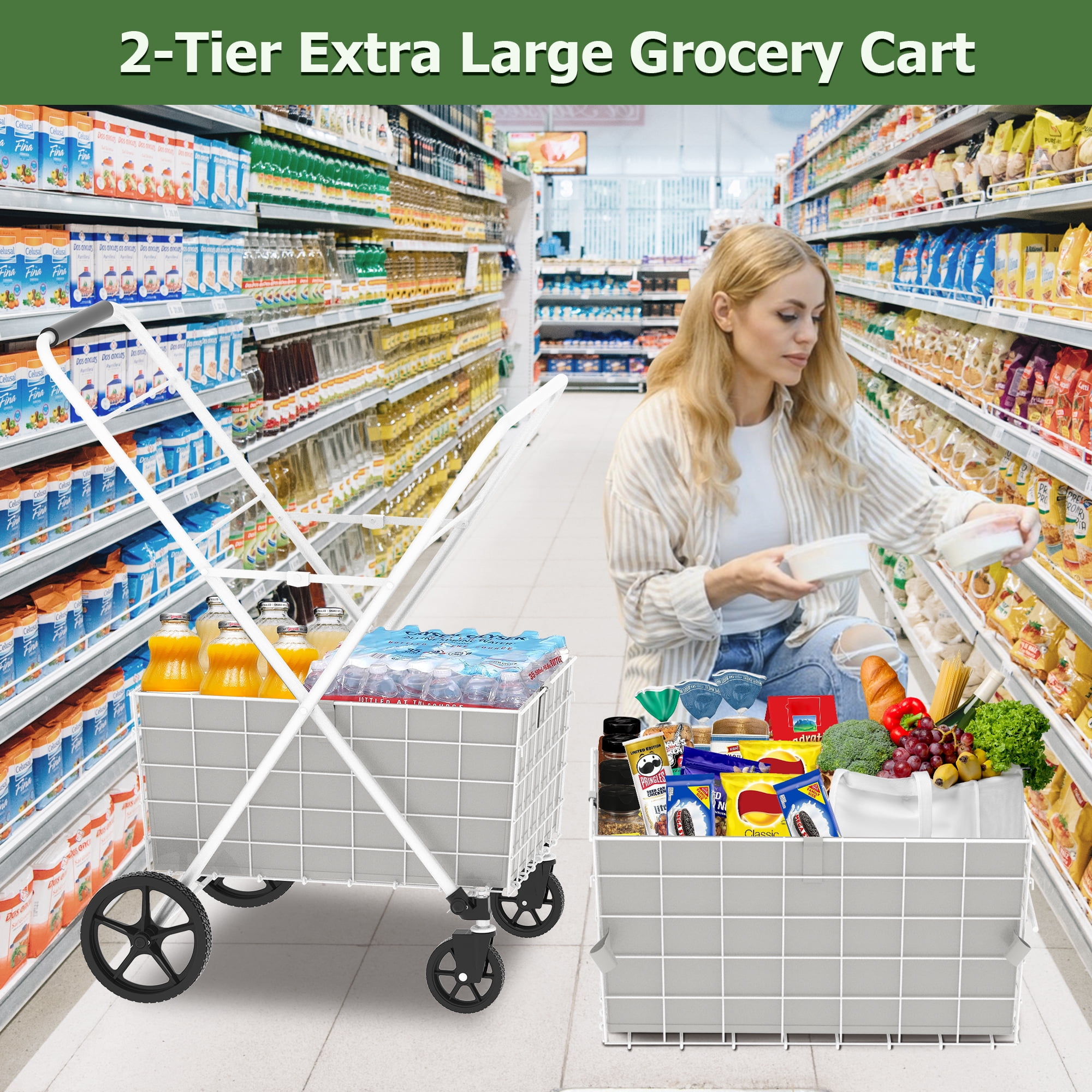 Yoneston 2-Tier Rolling Shopping Cart with 2 × 60L Baskets, 220 LBS Load Capacity Foldable Utility Cart for Groceries, Laundry, Kitchen, White
